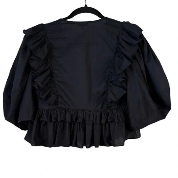 RHODE Eloise Blouse Black Cotton Puff Sleeve Ruffled Top EUC size M - Picture 3 of 10